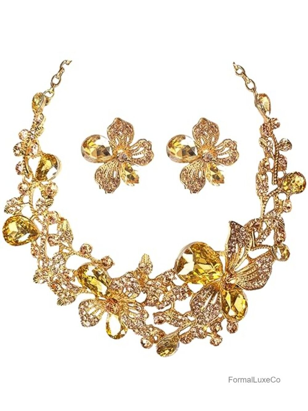 Chunky Crystal Flower Statement Necklace & Earrings Jewelry Set